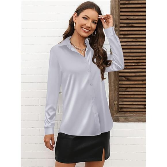 Women's Soft Satin Silk Leopard Button-Down Shirt - Picture 2 of 6